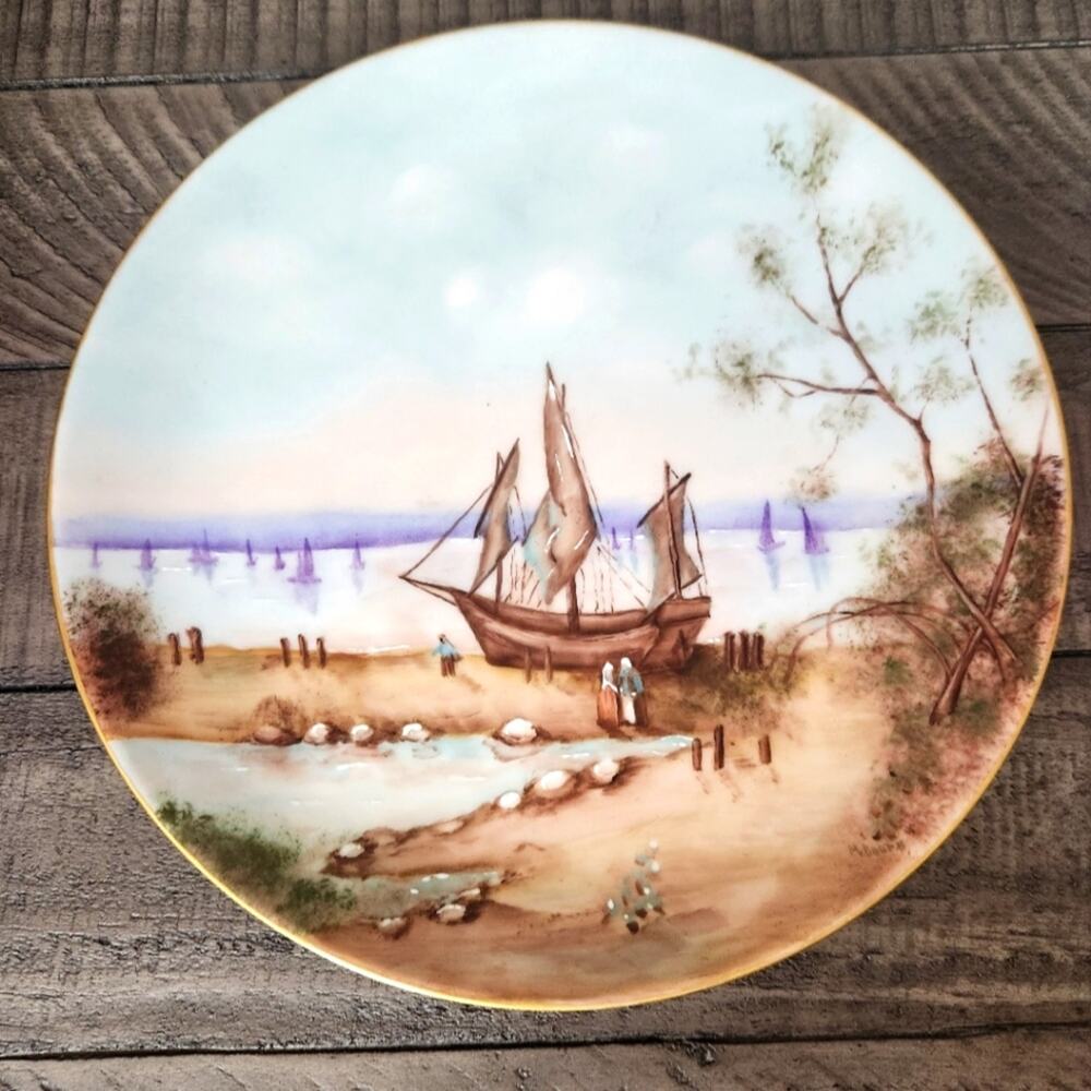 Vintage Holiday China Germany Plate Handpainted signed Ship Coastal Decor